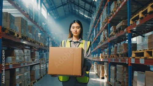 Young female Asian warehouse worker carrying boxes