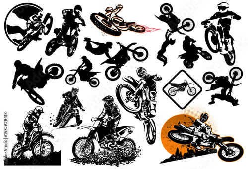 Motorcross Freestyle Silhouette Pack: A collection of motorbike rider silhouette performing daredevil jumps and trick with motorbike over isolated area, perfect for logos and poster designs.