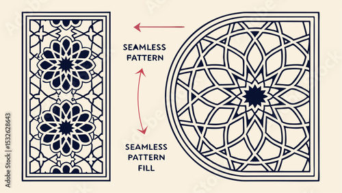 Illustration of two geometric patterns with floral motifs and arrows indicating seamless pattern fill usage