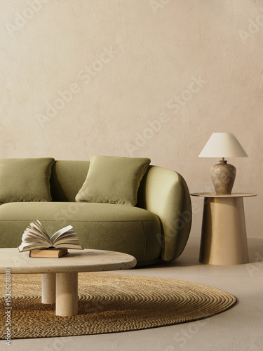 3d render of a Poster frame mock-up in green home interior background with lounge green sofa, table and decor in living room,	

