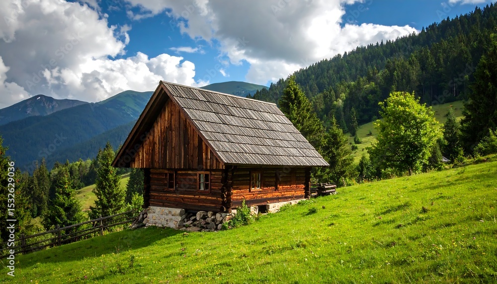 Mountain chalet nestled in green valley Mountain chalet nestled in green valley