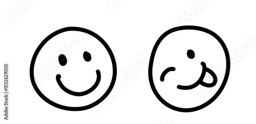 Minimalistic black and white illustration of two smiley faces. One smiles cheerfully while the other playfully sticks out its tongue. Simple and expressive design.