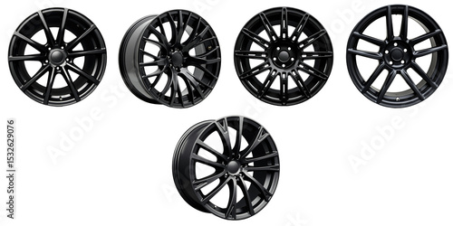 Collection of five transparent alloy performance car wheels isolated on a transparent background showcasing various designs and finishes with high detail and clarity.