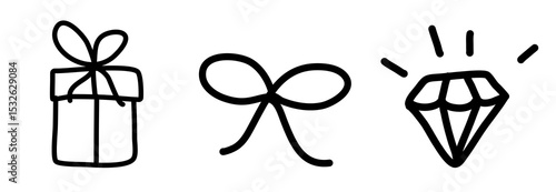 Minimalistic hand drawn icons of a gift box, ribbon, and diamond in black and white. Perfect for web design, greeting cards, and DIY projects with a classic touch.