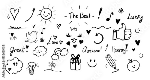 Fun doodles in black feature cheerful symbols like hearts, smiley faces, and suns. Positive words convey optimism, perfect for uplifting designs and creative projects.