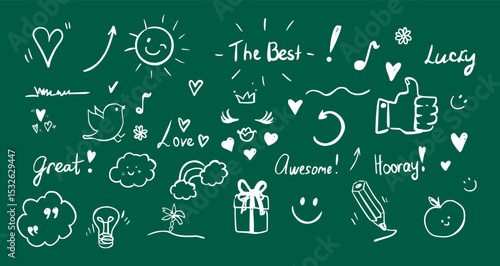 Playful doodle icons with positive messages in white on a green background. Includes symbols of happiness, love, and motivation. Ideal for uplifting design projects.