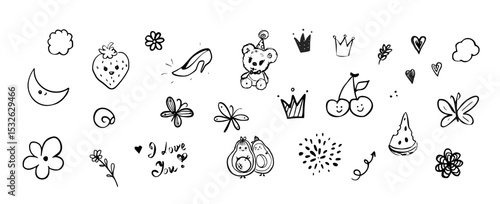 Various doodles in black and white featuring playful elements like flowers, stars, and cute characters. Perfect for creative design projects.