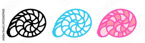 Set of three abstract nautilus shell designs in black, blue, and pink. Each design features intricate spiral patterns. Modern and stylish for decorative use.
