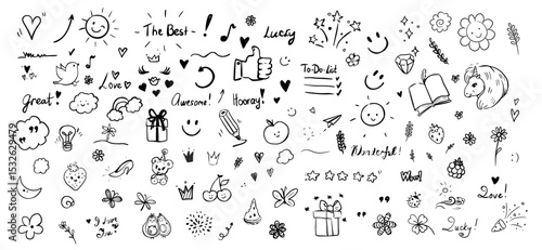 Diverse set of handdrawn doodles in black and white. Features hearts, stars, smiley faces, and fun elements. Ideal for creative, playful designs and decorations.