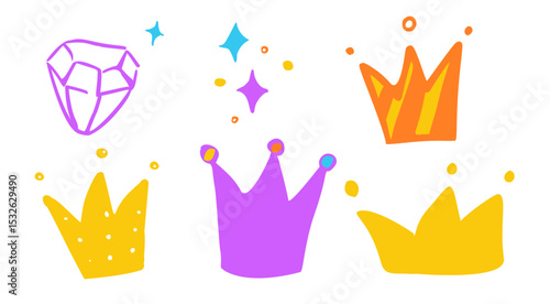 Vibrant handdrawn crowns and gem illustration in playful colors. Includes sparkles and dots on a white background, ideal for fantasy or royal themes.