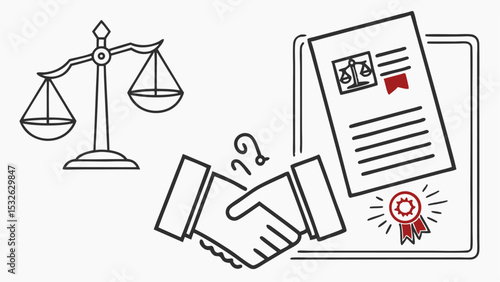 Illustration of a balance scale, handshake, and legal document representing agreement and legal process