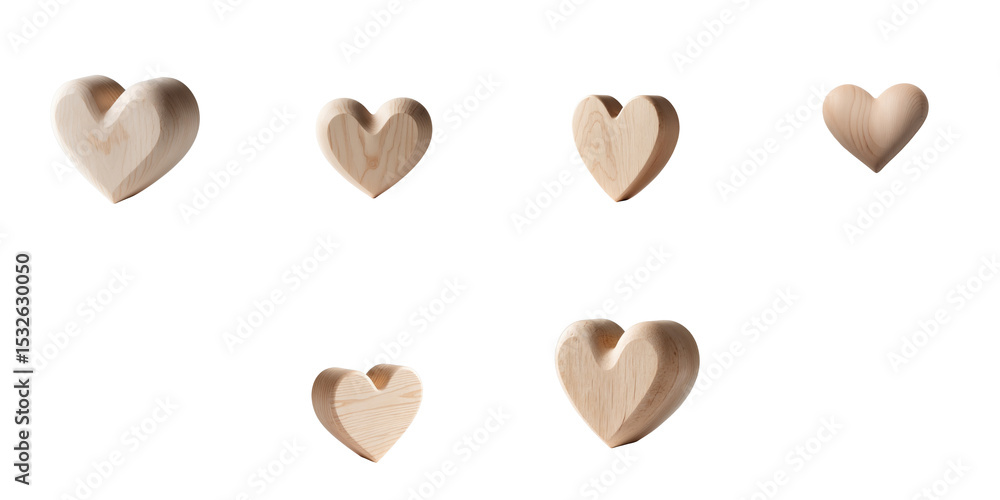 Set of six wooden heart shapes of varying sizes and designs isolated on a transparent background suitable for decorative or thematic use in design projects. Set of six wooden heart shapes of varying sizes and designs isolated on a transparent background suitable for decorative or thematic use in design projects.