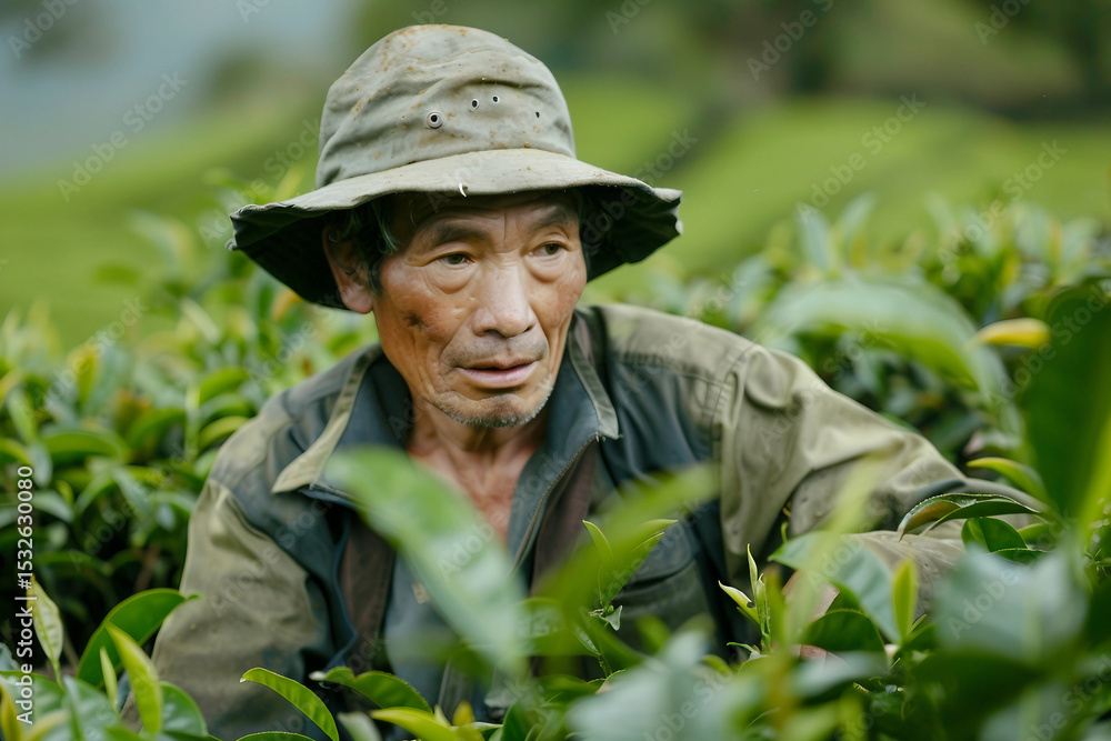 Woman picking tea leaves in a tea plantation, generative ai image Woman picking tea leaves in a tea plantation, generative ai image