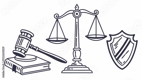 Illustration featuring a gavel resting on a book, scales of justice, and a shield in a monochrome style