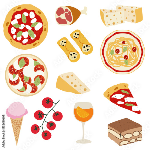 Hand drawn Italian food illustrations. Pizza, pasta, cheese, tomato, gelato cone, aperol spritz, tiramisu, salad. Traditional Mediterranean cuisine. Vector flat design for print, menu, sticker.