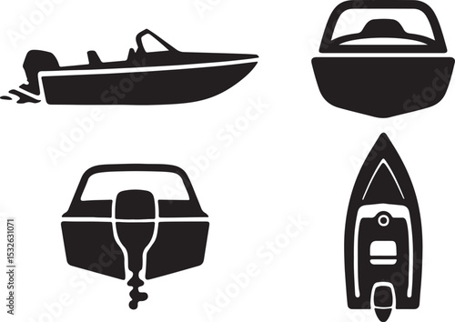 jet boat silhouette icons set side, front, back, and top views vector art illustration