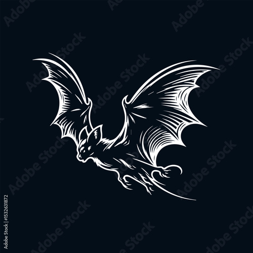 Gothic reverse silhouette bat logo featuring detailed skeletal structure with dramatic wing span on deep black