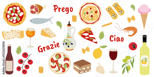 Hand drawn Italian food illustrations. Pizza, pasta, cheese, tomato, olive oil, wine, shrimp, garlic, lemon. Traditional Mediterranean cuisine. Vector flat design for print, menu, sticker.