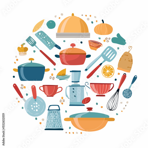 Delightful Kitchen Utensils and Cookware Collection A Colorful Circular Arrangement