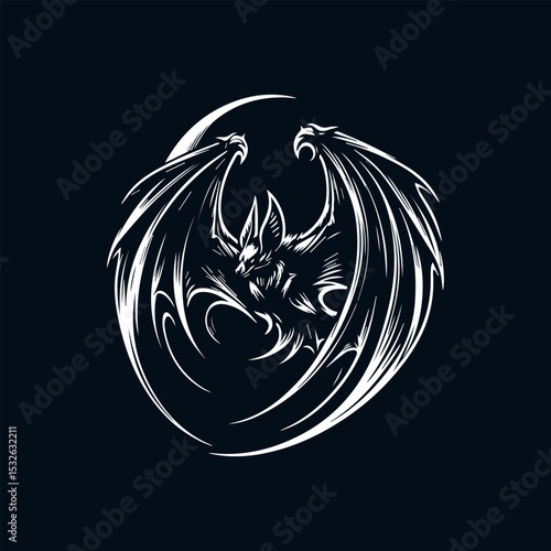 Gothic reverse silhouette bat logo featuring detailed skeletal structure with dramatic wing span on deep black