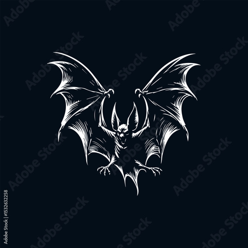 Gothic reverse silhouette bat logo featuring detailed skeletal structure with dramatic wing span on deep black