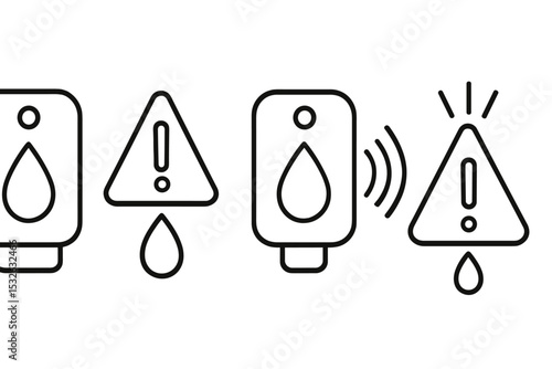 Hand sanitizer dispenser and caution symbols on gray background vector icon illustration