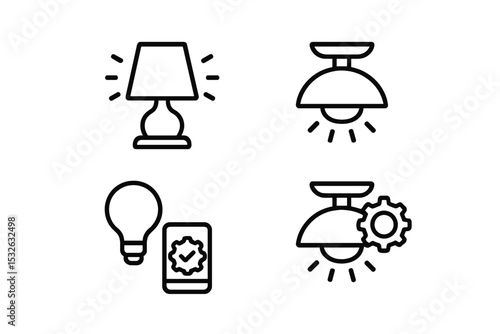 Black outline icons of lamp and ceiling light on gray background vector icon illustration