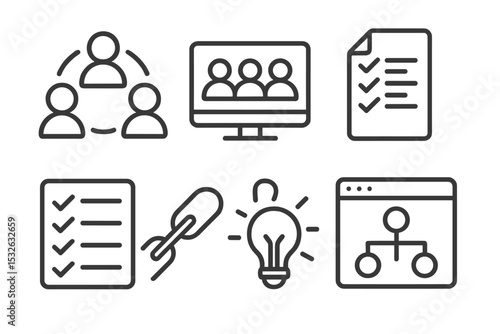 Minimalist black icons of collaboration, checklist, link, idea, and workflow on gray background vector icon illustration