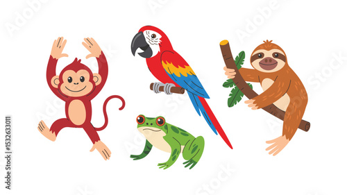Cute Cartoon Jungle Animals: Monkey, Parrot, Frog, and Sloth Illustration