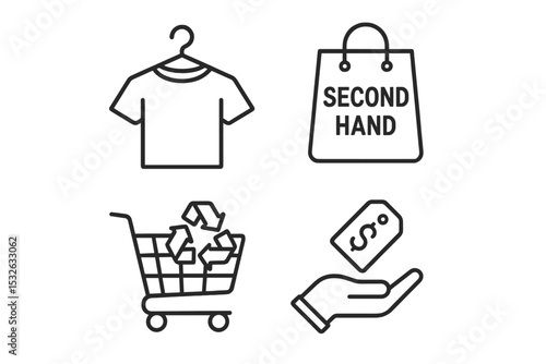 Second-hand shopping icons: recycle, thrift, eco-friendly fashion, sustainable retail vector icon illustration