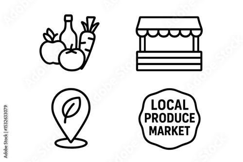Local produce market icons: vegetables, stall, location, and badge in black on grey vector icon illustration