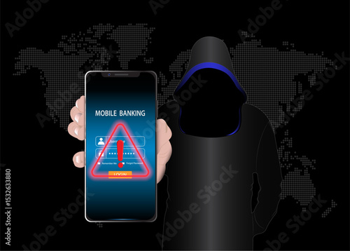 Hacker Warning Message. Potential risks associated with hacking, cybersecurity threats in online financial systems.