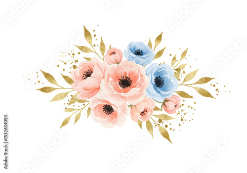 Fototapeta Naklejka Na Ścianę i Meble -  Isolated Floral Watercolor Arrangement with Gold Accents