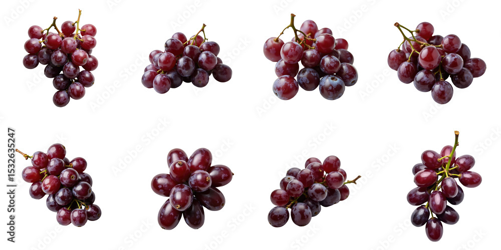 Red grapes collection arranged on transparent background showing various angles and clusters highlighting their freshness and juiciness. Red grapes collection arranged on transparent background showing various angles and clusters highlighting their freshness and juiciness.