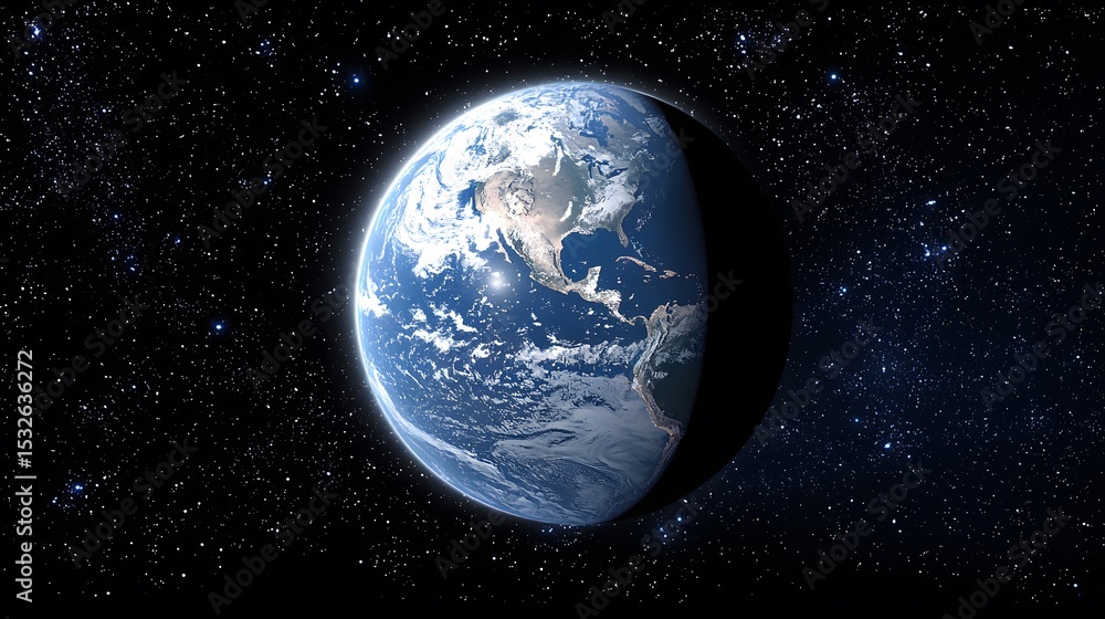 Obraz premium A stunningly realistic depiction of Earth's resources showcased in a detailed half-lit 3D render against a backdrop of a star-filled night sky illustrating the planet's natural