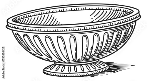 Vintage Line Drawing of a Fluted Ceramic Bowl – Black and White Etching Illustration