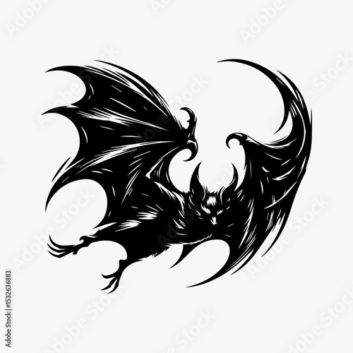 Gothic bat vector emblem featuring dramatic wing span with jagged edges and piercing eyes in striking black and white