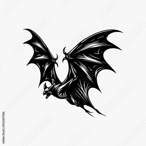 Gothic bat vector emblem featuring dramatic wing span with jagged edges and piercing eyes in striking black and white