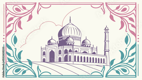 Illustration of the taj mahal with floral border in pink and teal on a light background design is centered