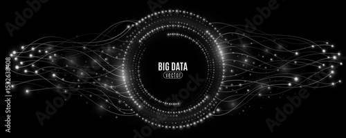 Futuristic background visualizing the concept of digital big data and data flow for Technology banner. Glowing lines and particle streams form a symmetrical wave pattern. Vector illustration.