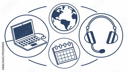 Illustration showing laptop, globe, calendar and headset representing global communication and scheduling needs