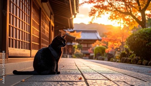 京都の町屋前に座る黒猫
