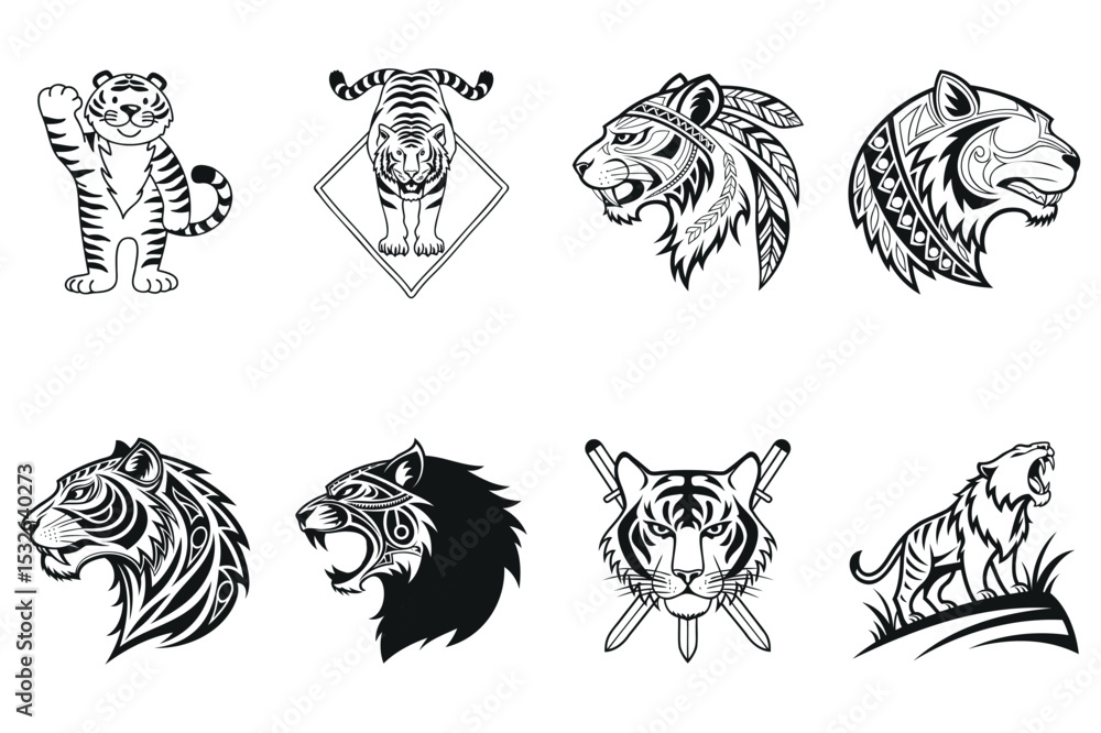 Obraz premium Collection of Diverse Tiger Illustrations in Black and White