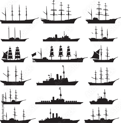 Vintage Sailing Ship Silhouettes – Black & White Nautical Vector Set

Old and Modern Ship Illustrations – Maritime Silhouette Collection

Historic Sailboat and Cargo Ship Silhouettes – Nautical Vector