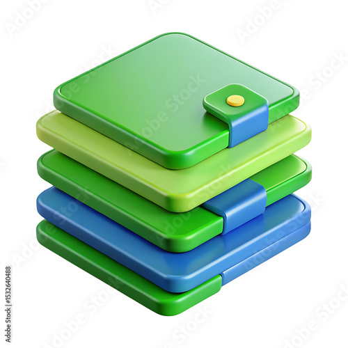 Stylized Stack of Green and Blue Squares with Rounded Edges Creating an Abstract 3D Effect on a Black Background, Symbolizing Layers, Depth, and Creative Design in a Visually Appealing Aesthetic