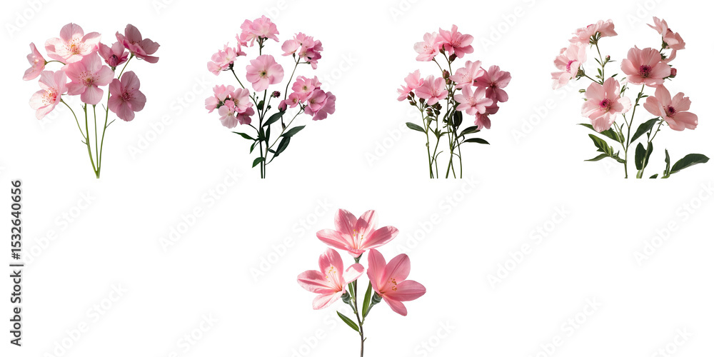 Naklejka premium Various pink flowers arranged artistically, showcasing multiple angles and sizes, isolated on a transparent background with natural lighting.