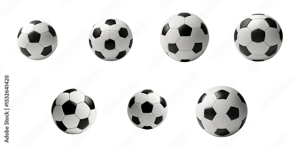 Collection of eight soccer balls displayed in various sizes and angles, featuring classic transparent and white panel design, isolated on a transparent background. Collection of eight soccer balls displayed in various sizes and angles, featuring classic transparent and white panel design, isolated on a transparent background.