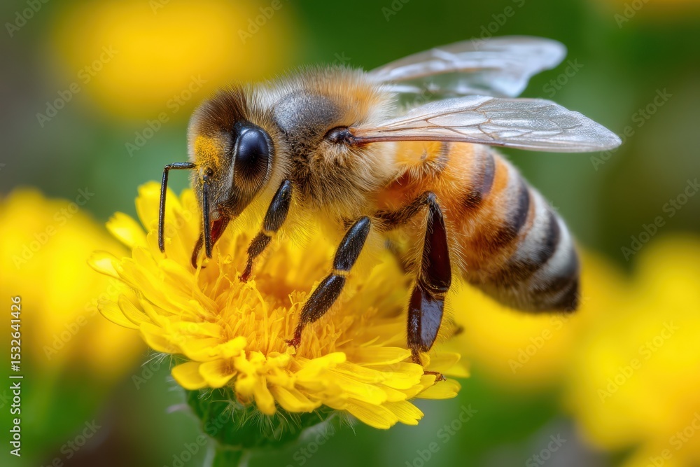Close-up of a bee collecting pollen from a yellow flower in a vibrant garden setting Close-up of a bee collecting pollen from a yellow flower in a vibrant garden setting