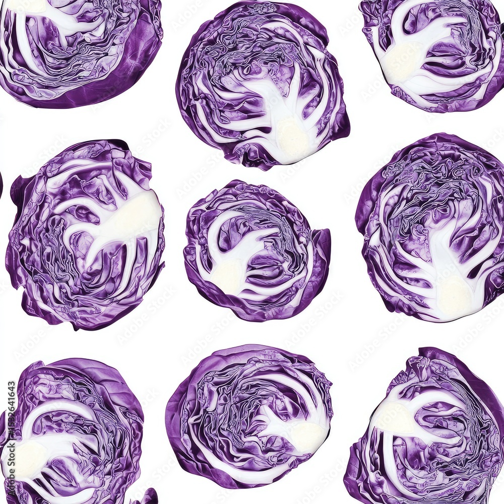 Obraz premium Vibrant Purple Cabbage Slices: A colorful arrangement of freshly cut purple cabbage slices, their intricate textures and vivid hues inviting viewers to a culinary exploration.