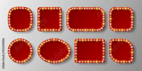 Red retro shields signs of different shapes with glowing yellow neon lights and shadows isolated on light background. Vector illustration.